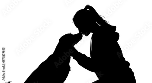Silhouette of a woman and her dog sharing a loving moment.