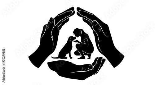 Human hands protectively shelter a person caring for a beloved dog.