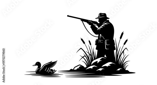 Hunter aiming at a duck in a pond, black and white illustration.