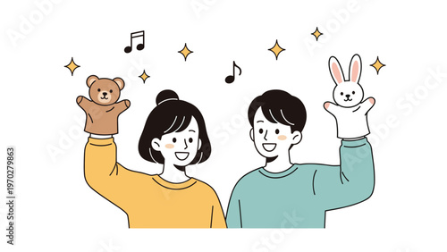 Happy young man and woman entertaining children by performing a fun puppet show with a bear and a rabbit.