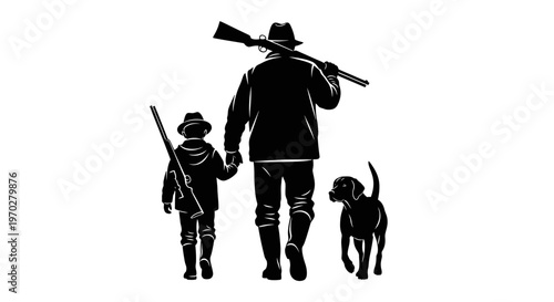 Hunter and child with dog walking together in a silhouette.