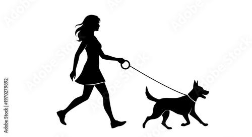 Silhouette of a woman walking her dog on a leash, depicting a common pet owner activity and companionship.