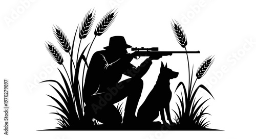 Hunter with dog and rifle in a field of wheat, black and white silhouette.