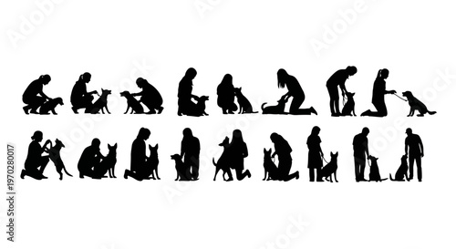 Silhouettes of people interacting with dogs in various poses showing pet care and companionship.