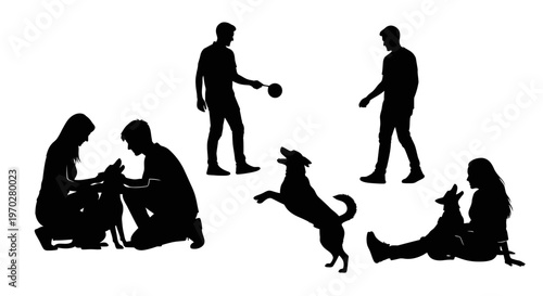 Silhouettes of people interacting with dogs, showing various activities like playing, petting, and walking, against a white background.