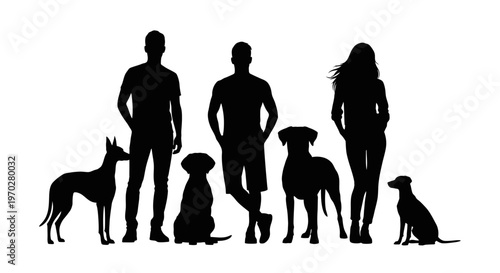 Silhouettes of people and dogs standing together on a white background.