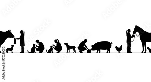 Silhouettes of people interacting with various domestic animals and pets.