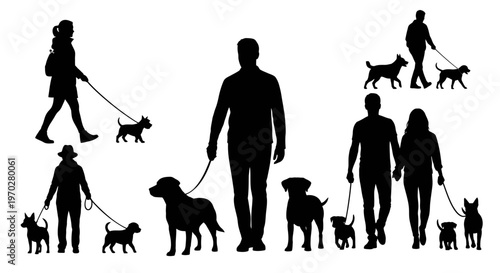 Silhouettes of people walking dogs on leashes, a collection of various individuals and couples enjoying their pets outdoors.