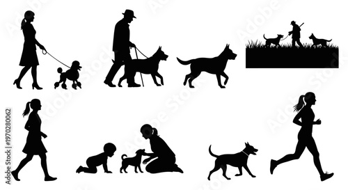 Silhouettes of people walking, running, and playing with their dogs in various outdoor settings.