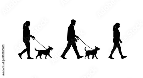 Silhouettes of people walking dogs on leashes.