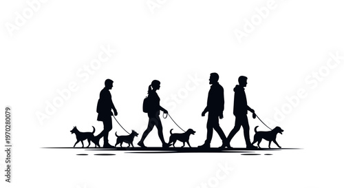 Silhouettes of people walking their dogs on leashes.
