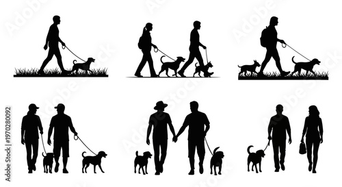 Silhouettes of people walking their dogs, showcasing various individuals and couples enjoying outdoor strolls with their pets.