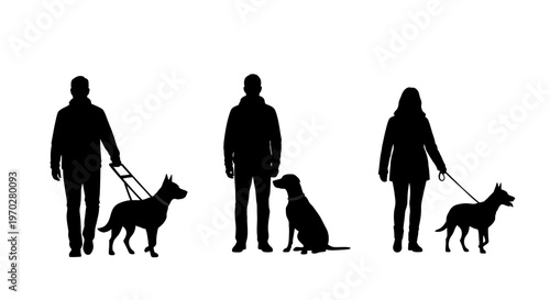 Silhouettes of people with dogs showcasing companionship and assistance.