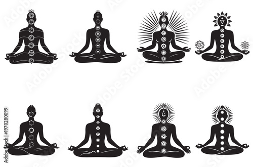 Yoga chakra silhouettes set of people sitting in lotus pose with energy points icons meditation zen and mindfulness concept elements vector spiritual practice collection on back