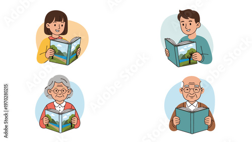 Group of four people from different generations including a girl boy and elderly couple enjoying reading books.