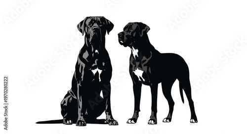 Two black dogs, one sitting and one standing, depicted in a minimalist black and white illustration.