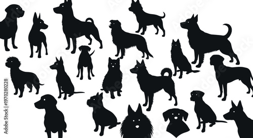 Silhouettes of various dog breeds in different poses.