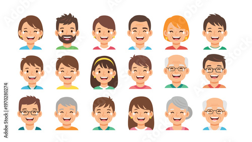 Diverse collection of eighteen smiling human faces of different ages and ethnicities representing global community and happiness.