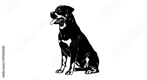 Majestic Rottweiler dog sitting patiently in a black and white illustration.