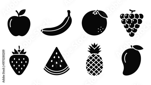 A collection of various fruit icons displayed in a simple black silhouette style creating a vibrant still life silhouette high quality