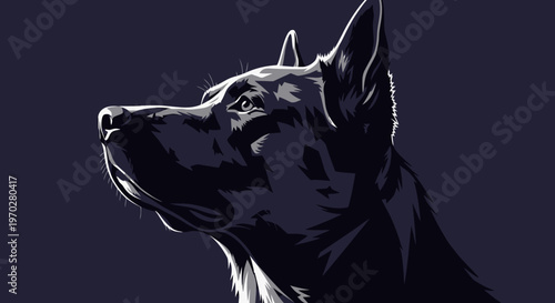 Powerful profile of a majestic dark dog looking up.