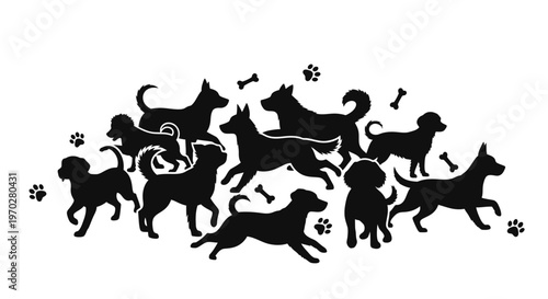 Silhouettes of various dog breeds with paw prints and bones.