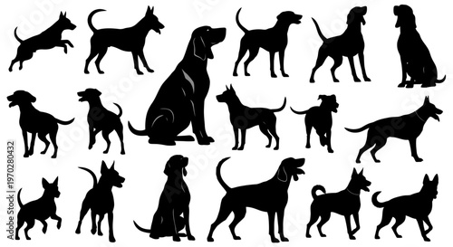 Various dog silhouettes in different poses and breeds.