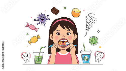 Young girl brushing her teeth while surrounded by educational icons of germs candy sweets and healthy tooth characters.