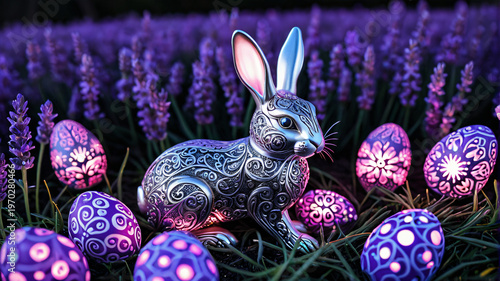 Filigraner silberner Hase im Blumenfeld