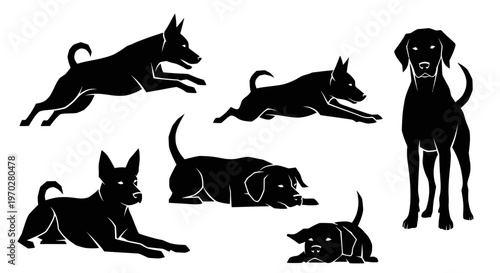 Silhouettes of various dogs in different poses, showcasing their playful and active nature.
