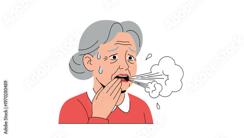 Elderly woman sweating and feeling unwell while bad breath is visible as she covers her mouth with her hand.