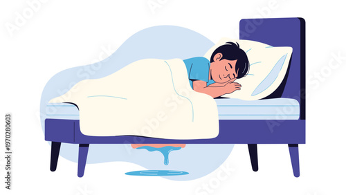 Young boy sleeping peacefully in his bed while a puddle of water leaks from underneath the mattress.