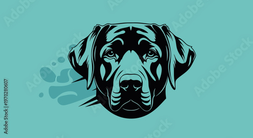 Striking Black Labrador Retriever Head with Teal Background and Paw Print Shadow.