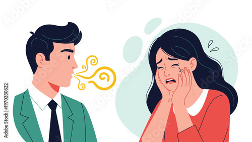 Man with strong bad breath causing a woman to cry and cover her face in distress and repulsion.