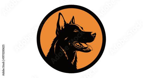 Stylized black dog head profile against vibrant orange circle background.
