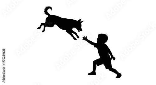 Silhouette of a boy reaching for a jumping dog.
