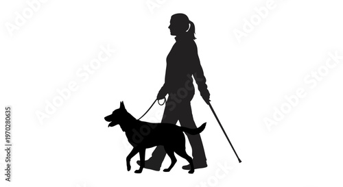 Silhouette of a blind woman walking with her guide dog and a white cane.