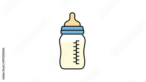 Baby feeding bottle filled with fresh white milk and marked with measurements for precise infant nutrition.