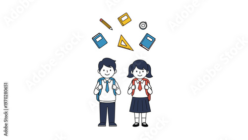 Two young school children in uniform standing with bags as various school supplies float in the air above.