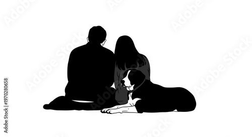 Silhouette of a couple and their dog sitting together, facing away from the viewer, on a white background.