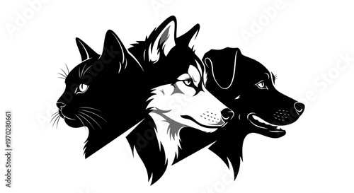Three animal heads in profile featuring a cat a husky and a dog in a graphic art style.