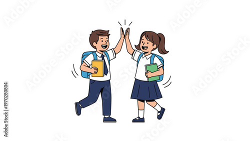 Two young students standing with backpacks under an arch of floating school supplies like books pencils and a graduation cap.