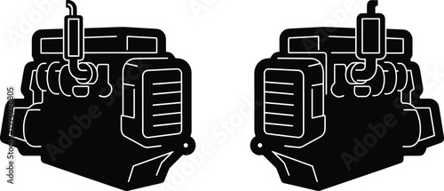 Industrial diesel generator motor with exhaust pipe and radiator grill in black silhouette vector illustration for power backup and engineering equipment