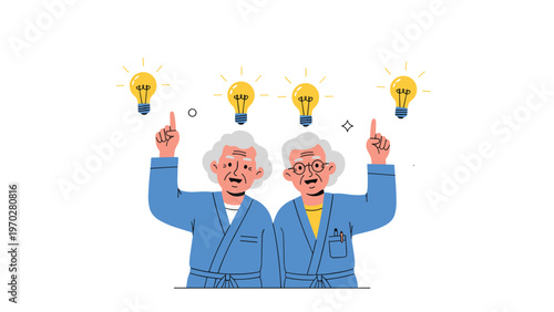Elderly couple in blue bathrobes discover a bright solution with glowing light bulbs appearing over their heads at home.