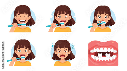 Educational dental illustration shows a young girl brushing her teeth and contrasting healthy smiles with decayed teeth.