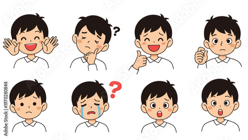 Collection of eight facial expressions and gestures by a young boy shows happiness, confusion, sadness, and surprise.