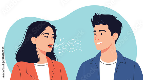 Confident woman speaking with fresh breath depicted by wavy lines and sparkles while standing next to a smiling man.