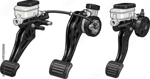 Detailed technical illustration of hydraulic brake and clutch pedal assembly kit with master cylinders for automotive racing performance and custom engineering.