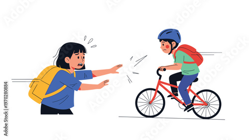 Worried girl tries to stop a young boy riding a bicycle quickly away from her in a street safety concept illustration.