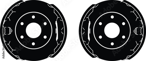 Black and white vector silhouette of automotive disc brake rotors for car maintenance, mechanical repair services, and industrial vehicle engineering designs.